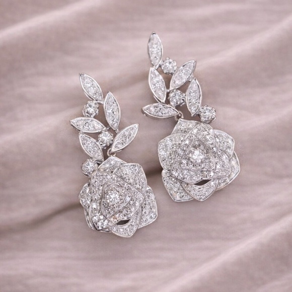 Anthropologie Jewelry - Rose Silver Crystal Diamond Earrings – Floral Statement Jewelry